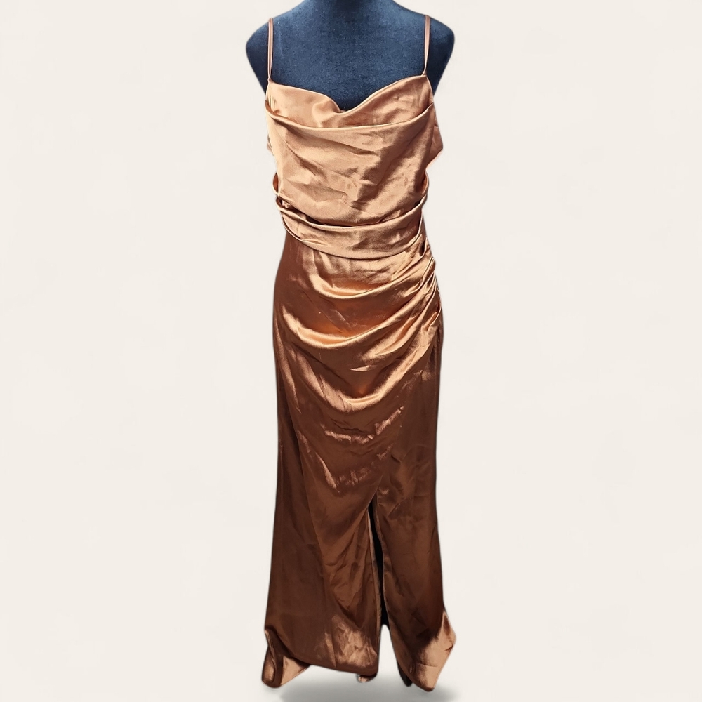 BIRDY GREY | Lydia Rust Copper Satin Cowl Neck Bridesmaid Maxi Dress | L - Picture 2 of 16